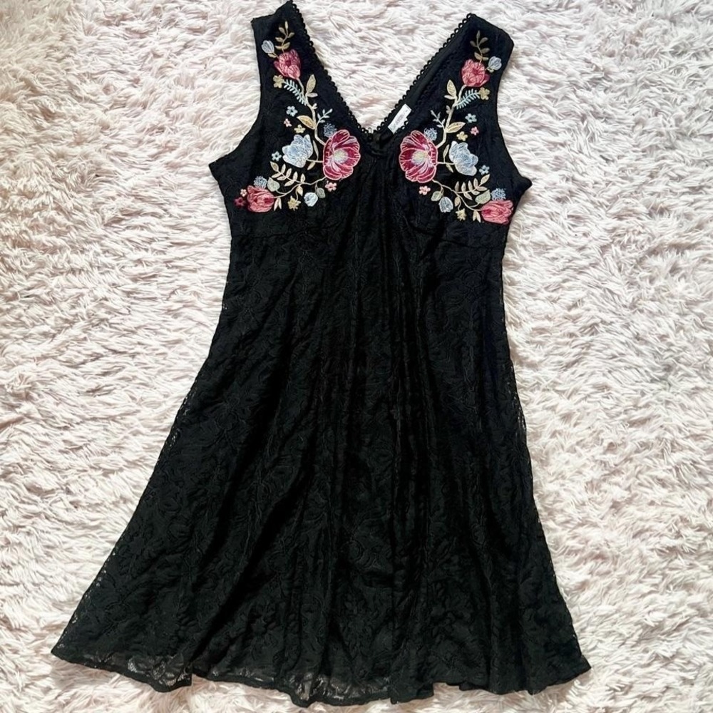 Whimsygoth Boho Witchy Embroidered Floral Lace Babydoll Dress Womens M Earthy